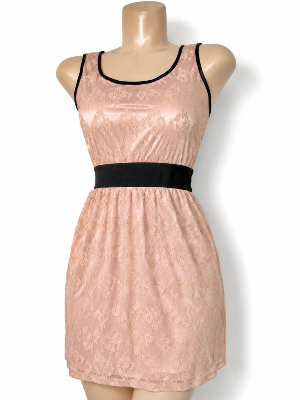 XXI Blush Pink Lace Mini Dress Black Waist Coquette Size Small